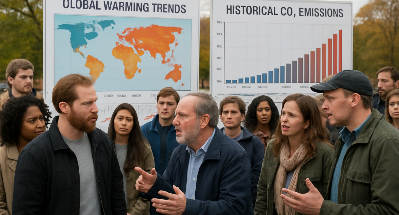 Diverse crowd of men and women gathered near scientific visualizations of global warming trends, some debating or denying established climate science.