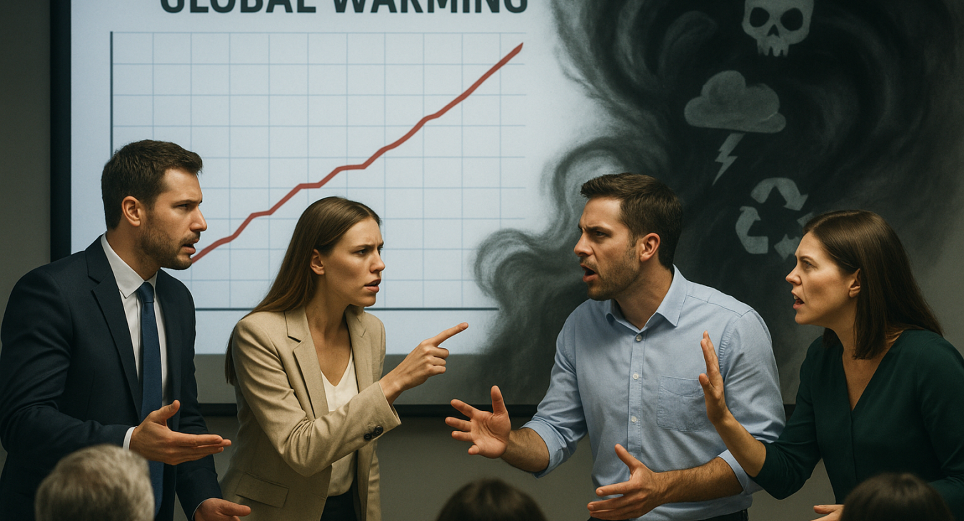 A photorealistic landscape depicting a tense public debate where people argue about climate change; clear scientific data representing global warming is visually challenged by swirling shadows and symbolic illustrations of misinformation.