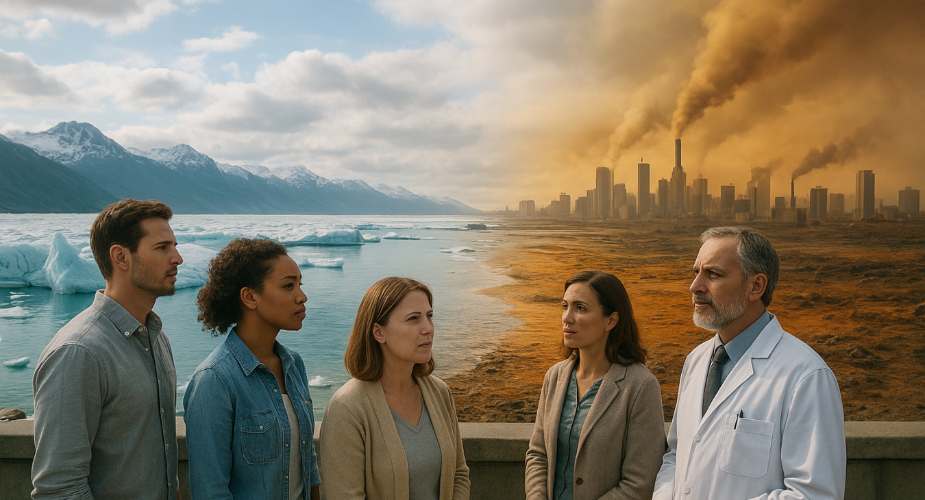 A diverse group of concerned men and women, including scientists and laypeople, stand in a modern cityscape overlooking melting ice caps and vibrant pollution, juxtaposed against a changing environment.