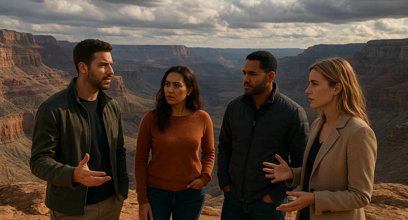 Group of modern individuals in a high-altitude landscape overlooking massive geological formations, discussing climate trends and Earth's deep historical cycles.