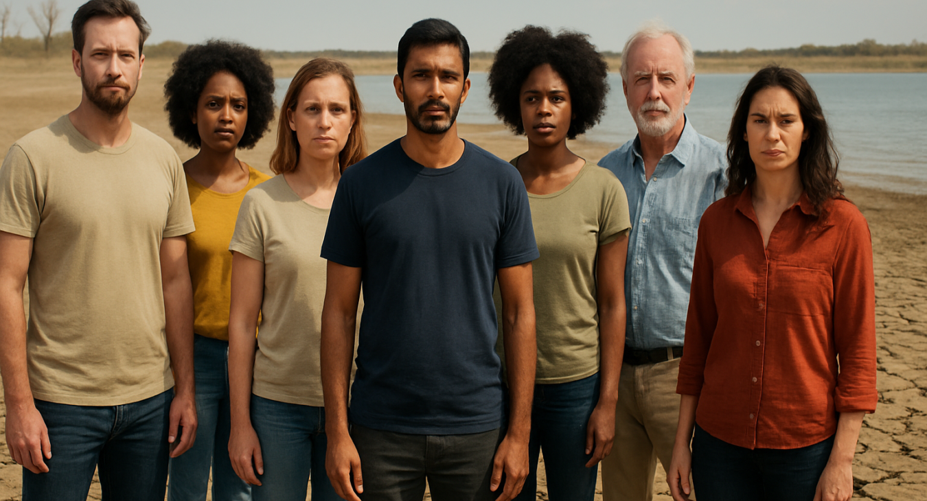 A diverse group of men and women standing on parched, cracking earth near a coastline, illustrating the human and planetary urgency of climate change.