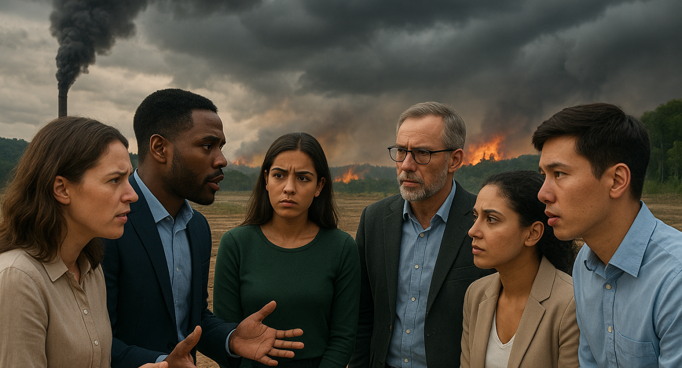 Diverse group of men and women in serious discussion about climate change, with a dramatic photorealistic landscape emphasizing environmental urgency.