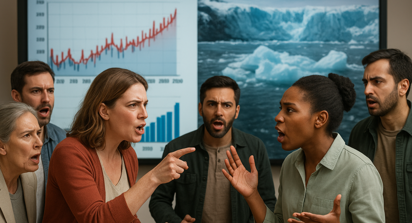 Heated public debate among diverse men and women arguing over climate data, with melting glaciers and scientific charts in the background.