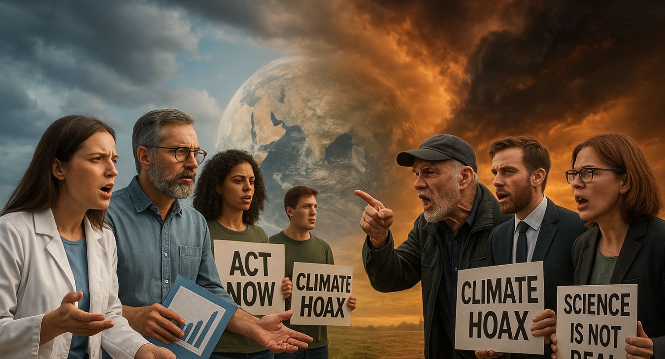 A photorealistic landscape showing a tense debate: scientists with data and climate activists on one side, opposing figures spreading misinformation on the other.