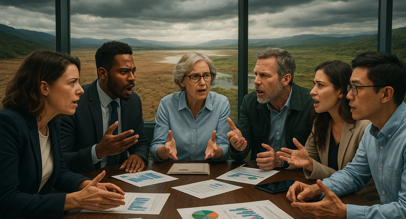 Diverse group of policy experts, scientists, and activists debating in a modern conference room with a dramatic view outside.