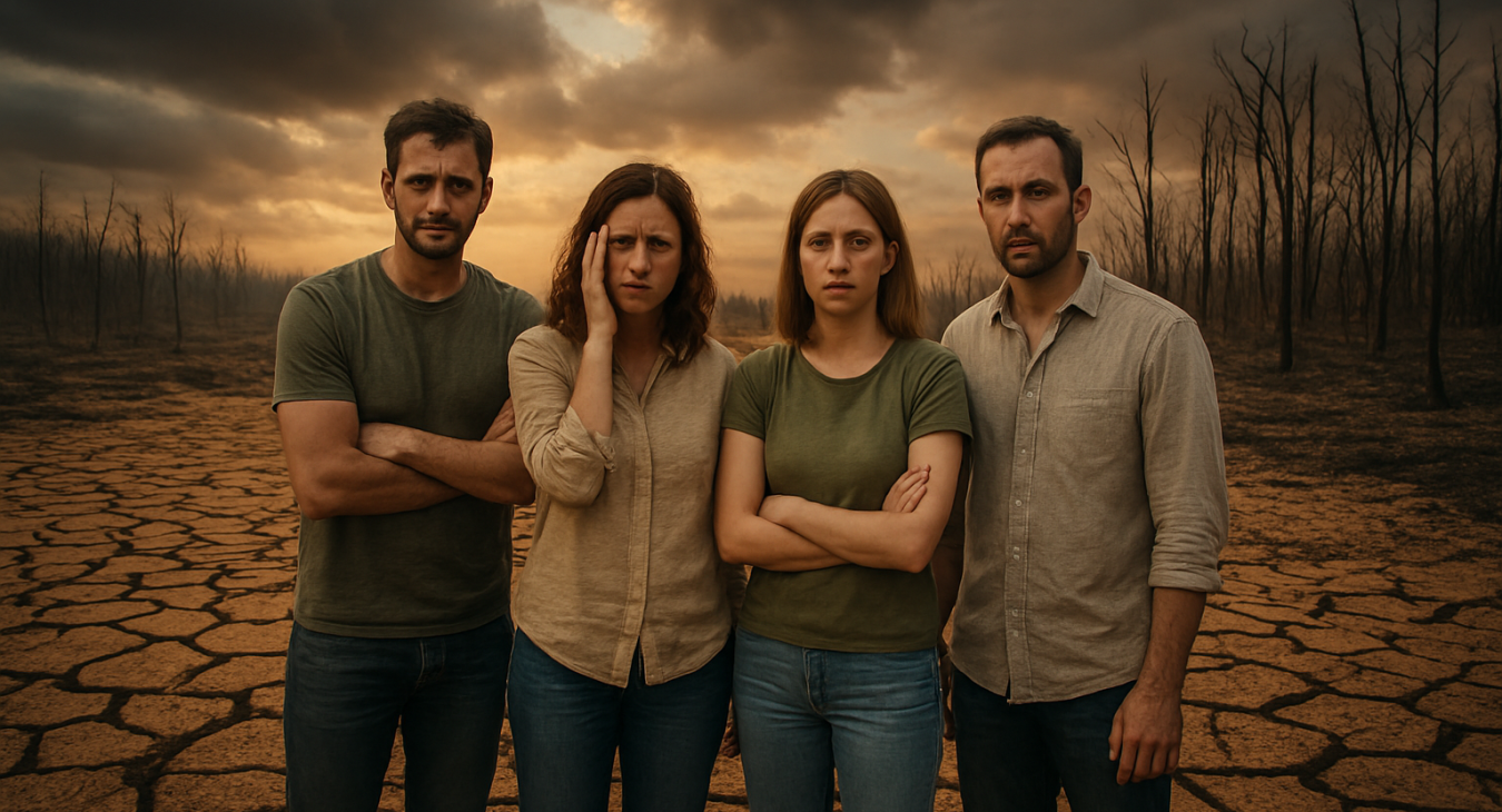 Concerned men and women stand on cracked earth beside a scorched forest under a dramatic sky, depicting the impacts of climate change.