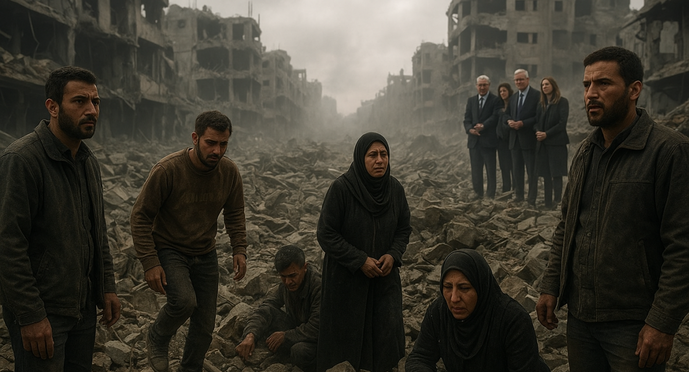 Hyper-realistic photograph of resilient men and women standing amidst urban debris in Gaza, with distant international observers intensely scrutinizing the scene of ongoing conflict.