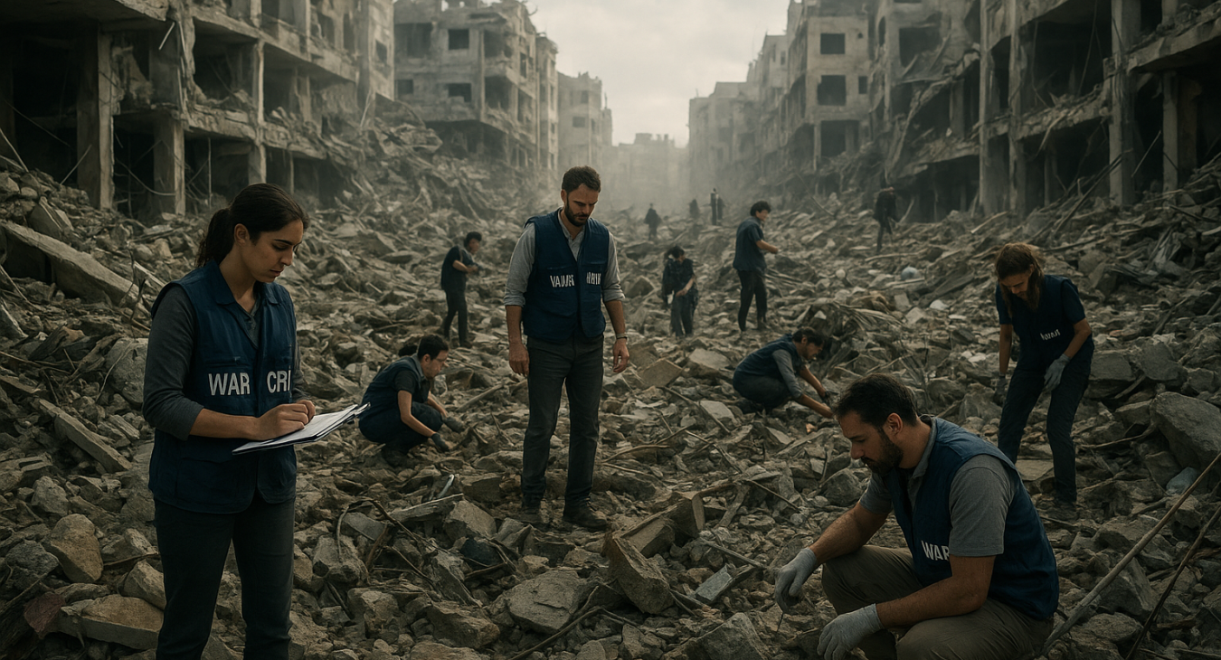 Photorealistic landscape of a war crime investigation in Gaza, with men and women investigators moving through extensive rubble to uncover evidence of the conflict's devastating truth.