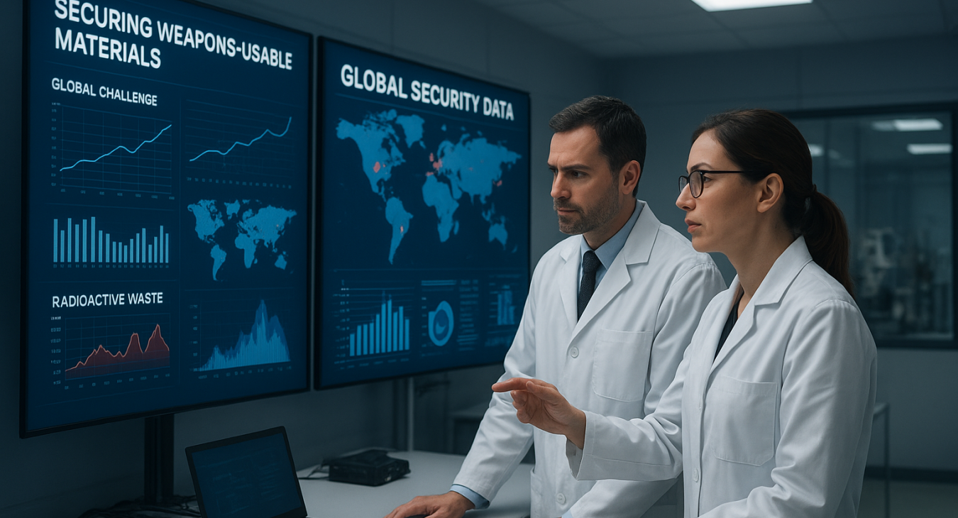 A male and female nuclear security expert collaborating in a secure laboratory, examining complex data displays related to securing weapons-usable materials.