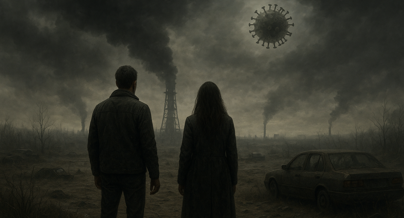 Hyper-realistic ominous landscape in 2026, a man and woman stand surrounded by subtle signs of a hidden global threat, highlighting ignored unseen dangers.
