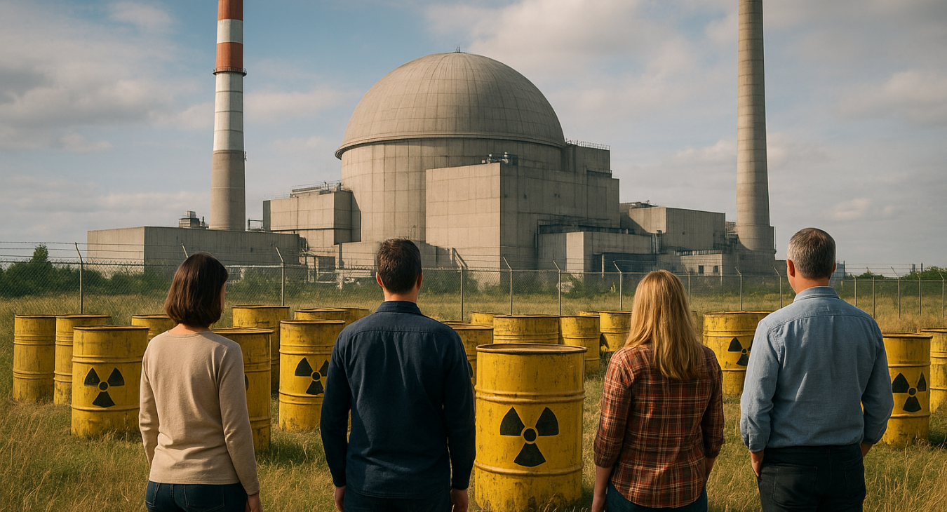 Photorealistic landscape of a nuclear reactor facility with women and men observing the contrast between immense energy generation and long-term radioactive waste, highlighting hidden dangers.