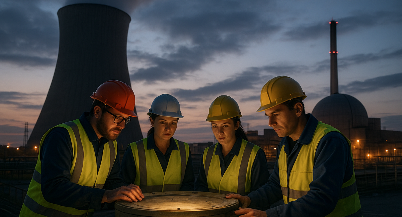Photorealistic dusk landscape of a nuclear power plant with a diverse team of industrial workers inspecting radioactive waste containers and a complex containment system, evoking a hidden threat.