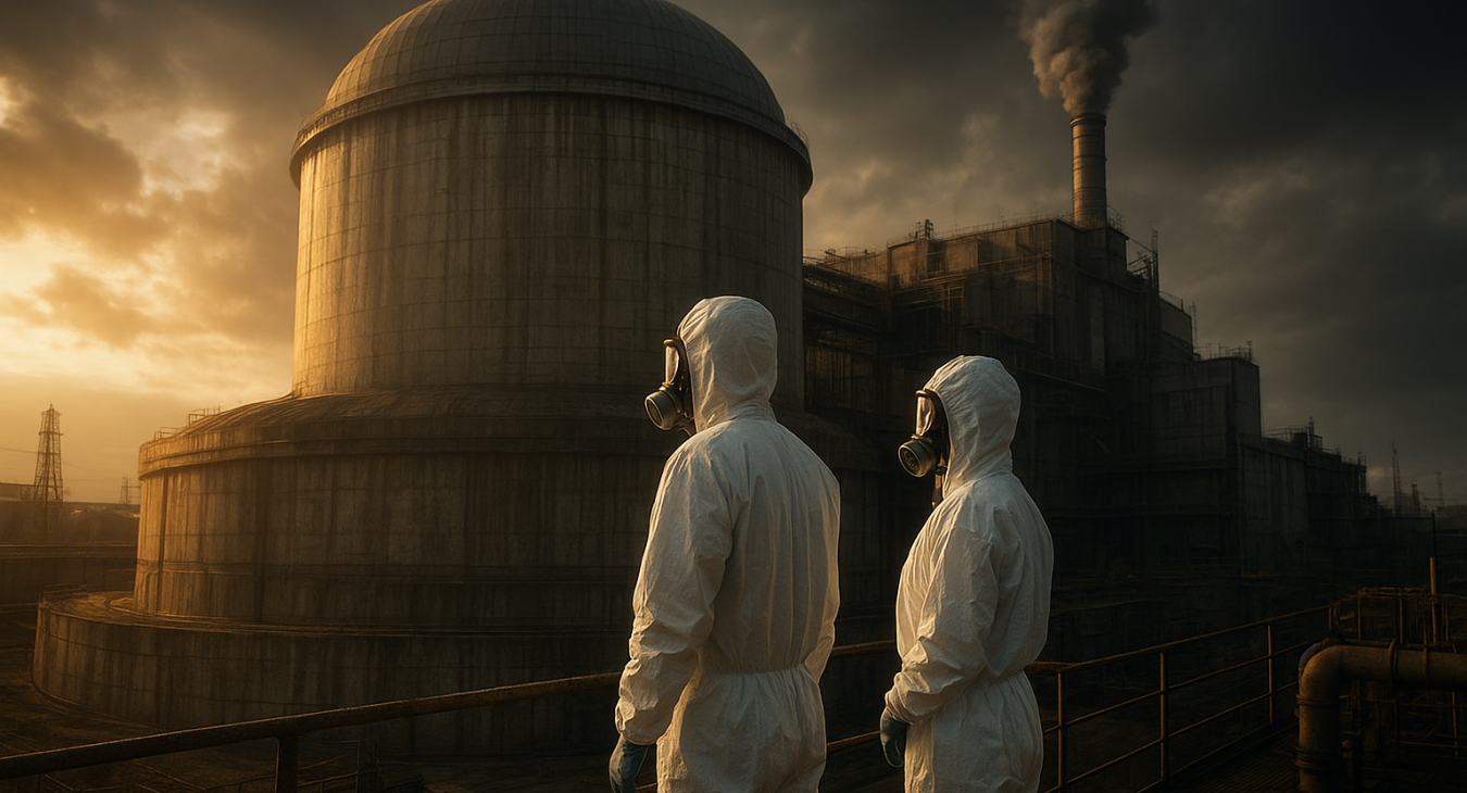 Photorealistic high-angle shot of male and female researchers in protective gear beside a massive nuclear reactor, dramatic lighting highlighting clean energy reliance
