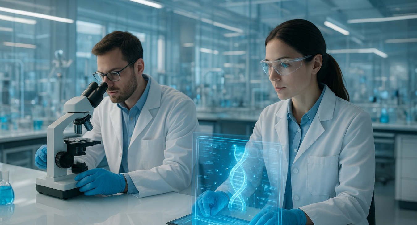Male and female scientists conducting groundbreaking research in a brightly lit futuristic laboratory in 2026.