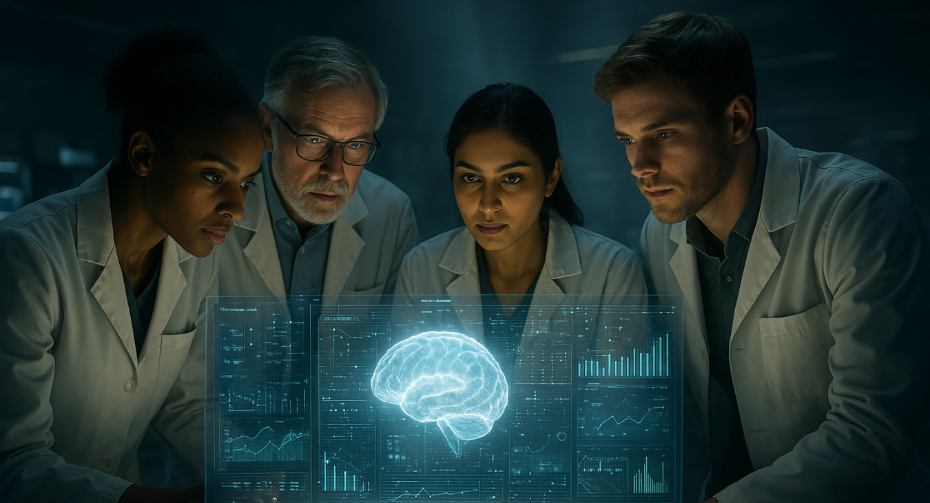 Diverse men and women researchers in a futuristic lab, huddled over advanced scientific data, their intense focus visualizing a profound cognitive breakthrough.