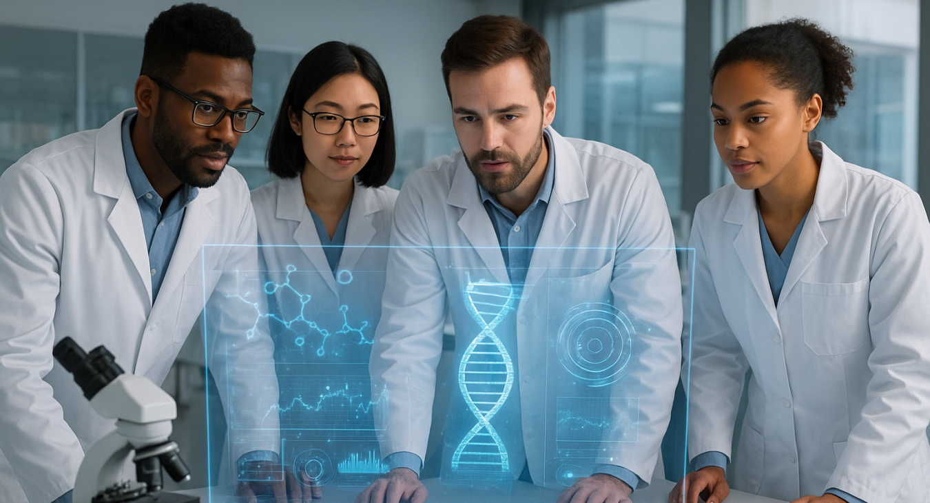 Diverse male and female researchers gather around advanced holographic displays in a modern, photorealistic science laboratory, embodying how unique perspectives are reshaping the future of science.