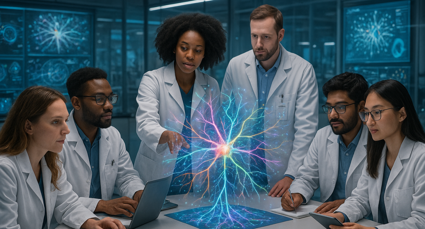 Diverse group of men and women scientists collaborating in a futuristic laboratory, visualizing neural pathways of neurodiversity converging into scientific innovation.