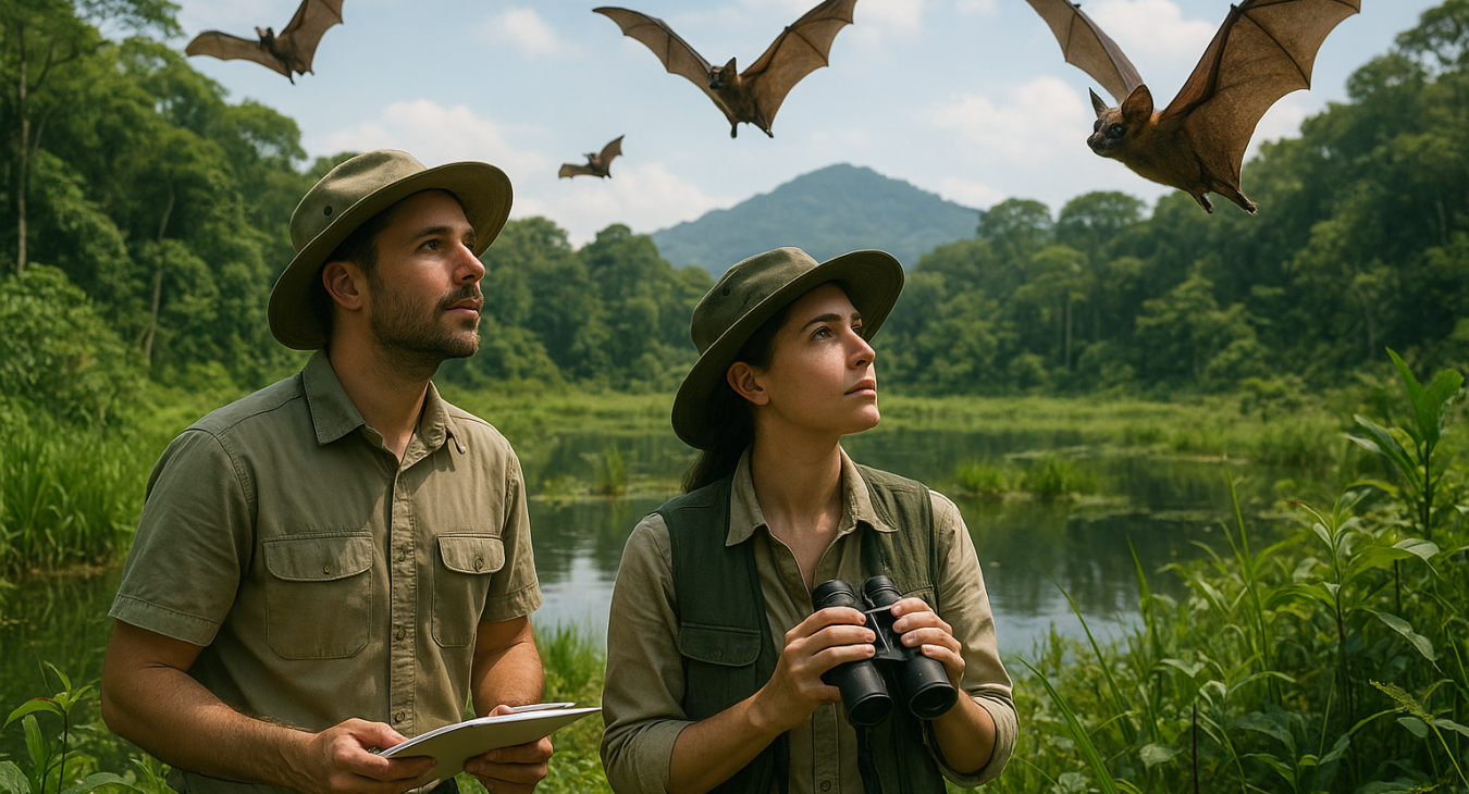 A man and woman monitor a lush, diverse habitat as native bats fly through, highlighting bats' critical role in global biodiversity.