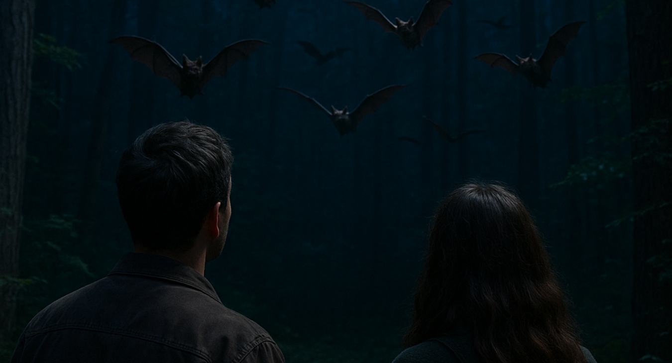A man and woman observe bats flying through a dense forest canopy at night, highlighting the essential and often misunderstood role of bats in the ecosystem.