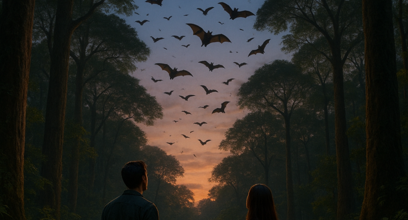 A man and woman standing beneath towering trees at twilight, watching bats fly through the canopy, illustrating their essential role in maintaining planetary health.