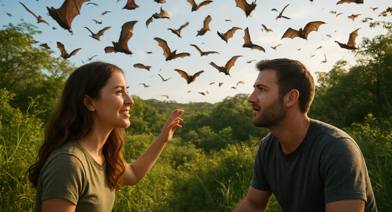 A woman and man observe bats flying in a vibrant natural landscape, emphasizing bats' crucial role in ecological balance.