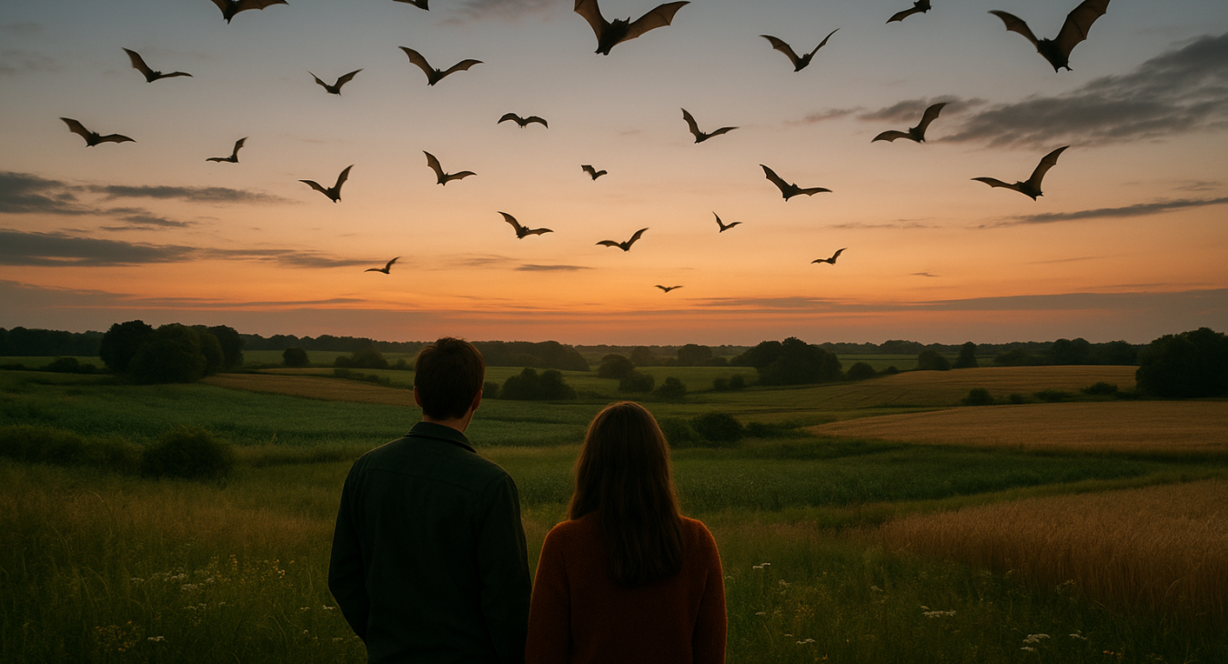 A photorealistic landscape at dusk in Denmark shows a man and a woman observing bats flying over diverse fields, symbolizing indicator species and ecological health.