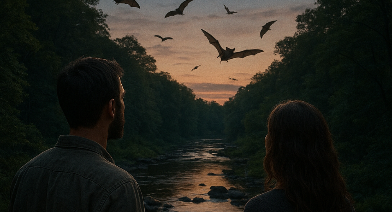 Man and woman observing bats flying over a forested stream at twilight, highlighting their essential ecosystem role.