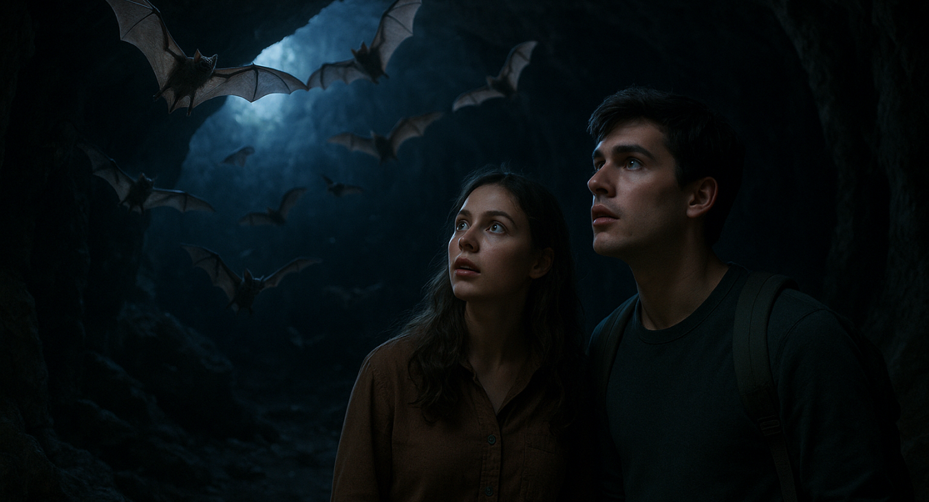 A young man and woman stand in an ancient cave, watching a cluster of bats flying near them, illuminated by moonlight, evoking awe and mystery.