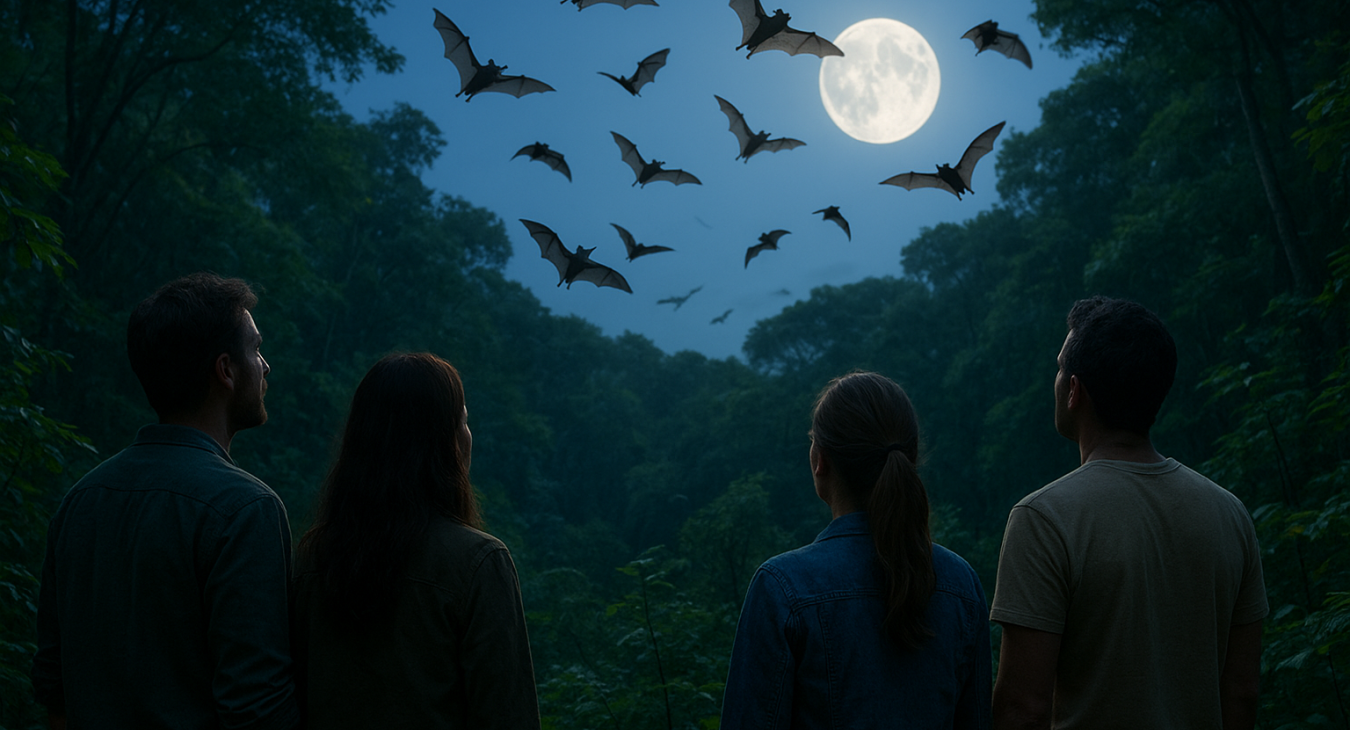People standing in a dense ecosystem at twilight, watching various microbats flying in an aerial dance, illustrating their crucial role as night hunters navigating the lush environment.