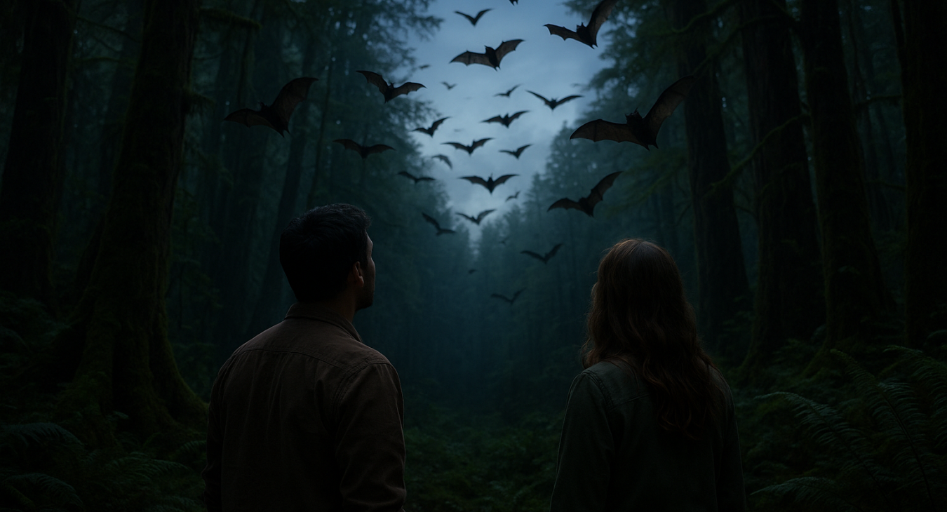 A man and woman watch bats flying through a dense ancient forest at twilight, highlighting the vital role of bats in the ecosystem.