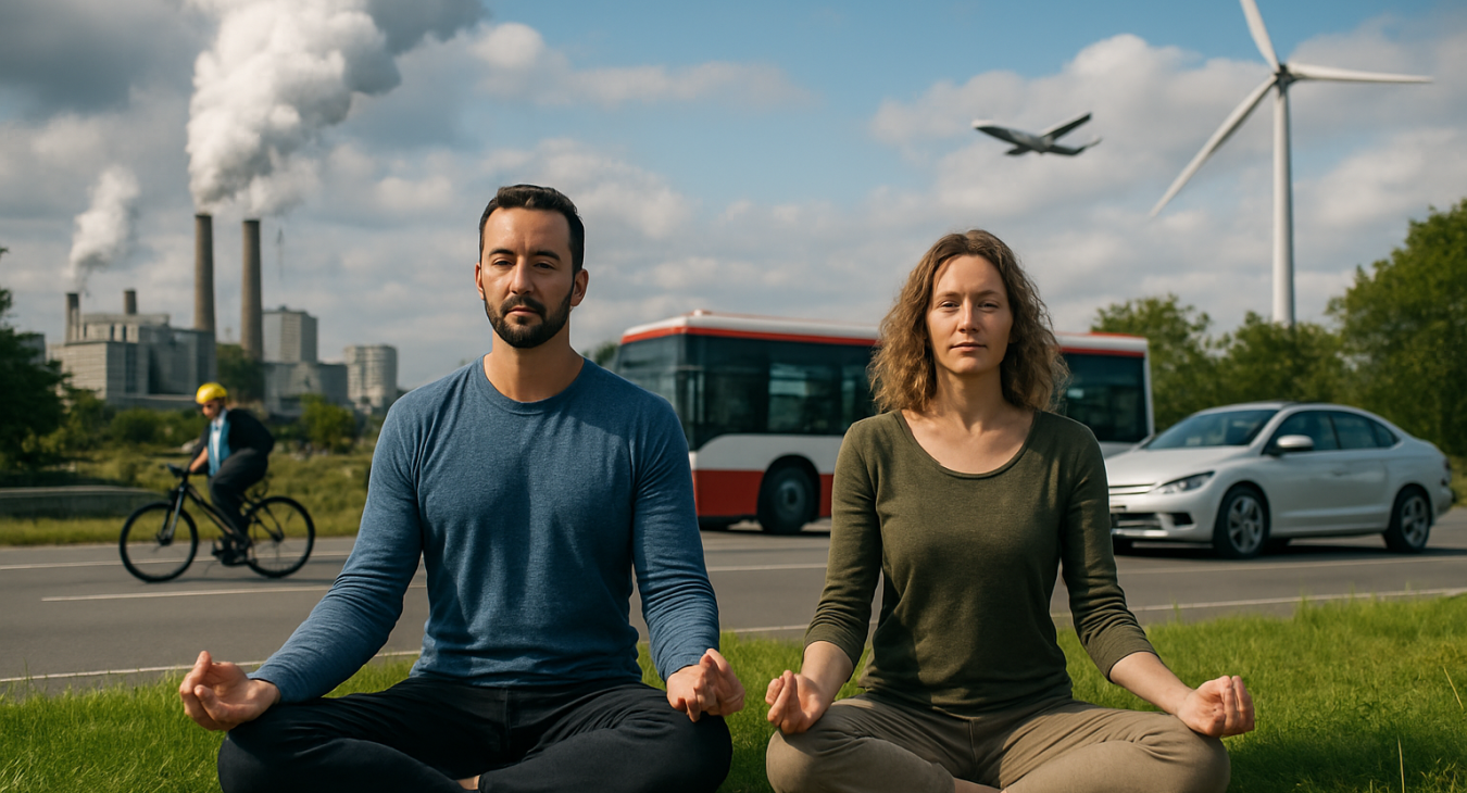 A man and woman stand in deliberate stillness, their peaceful presence contrasting with the vibrant, accelerating activity of the modern ecological world.
