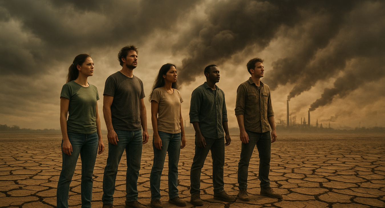 Men and women standing on parched earth with polluted air, confronting environmental degradation as a symbol of the global climate crisis.