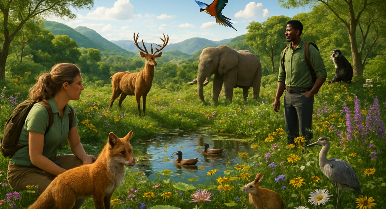 A photorealistic landscape of a thriving, biodiverse ecosystem with diverse plants and animals interacting, watched over by men and women symbolizing careful stewardship.
