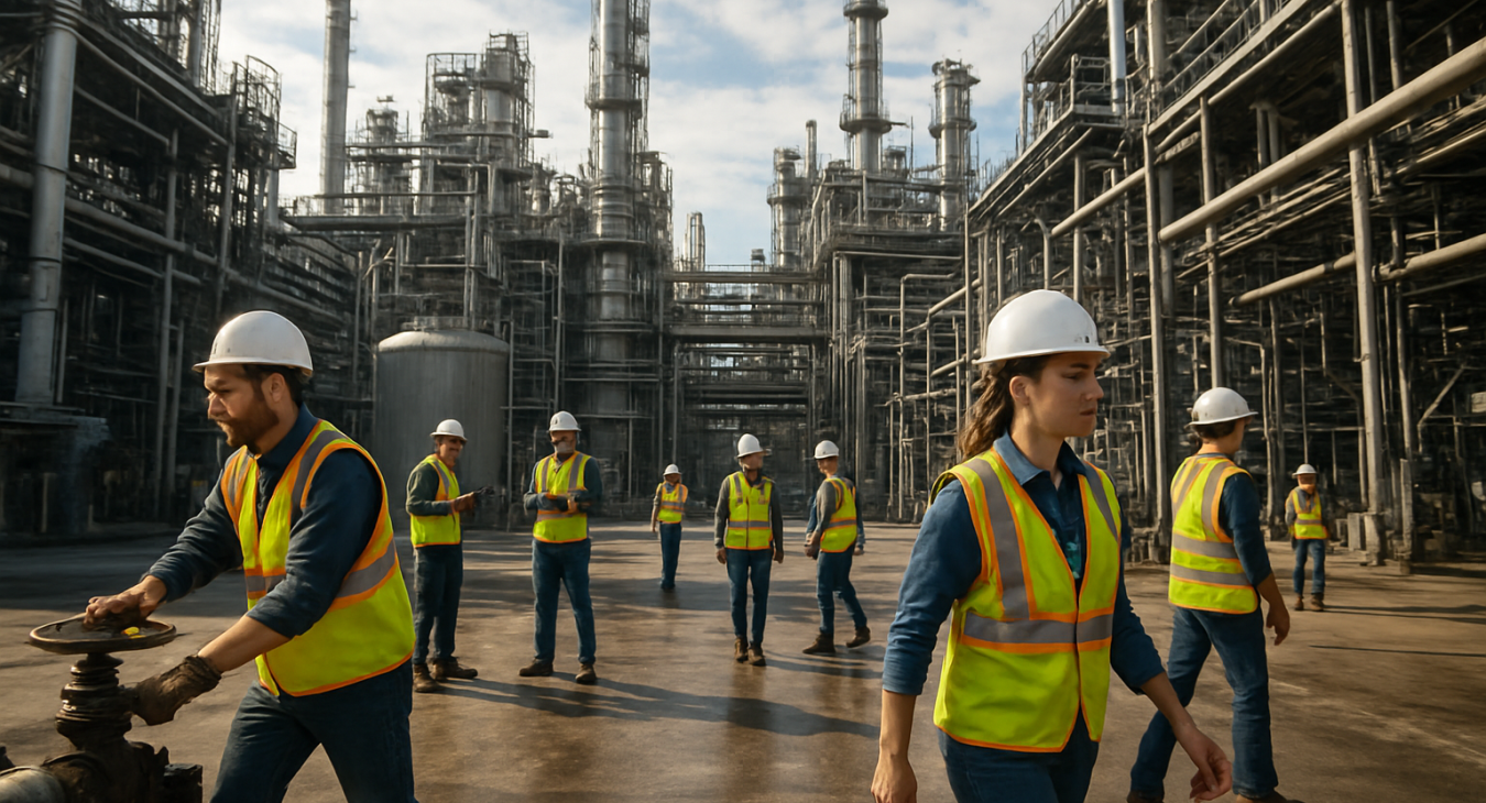 Photorealistic landscape of men and women working in a vast modern industrial complex, symbolizing the relentless drive of continuous economic expansion and mass consumption crucial to advanced civilization.