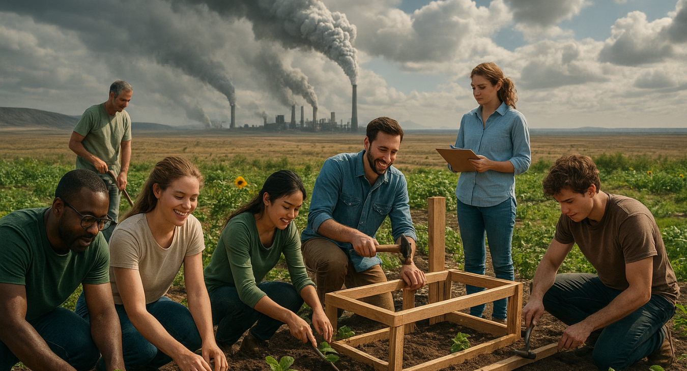 A diverse group of men and women engage in small-scale sustainable actions like community gardening or eco-building, set against a vast landscape symbolizing the climate crisis.