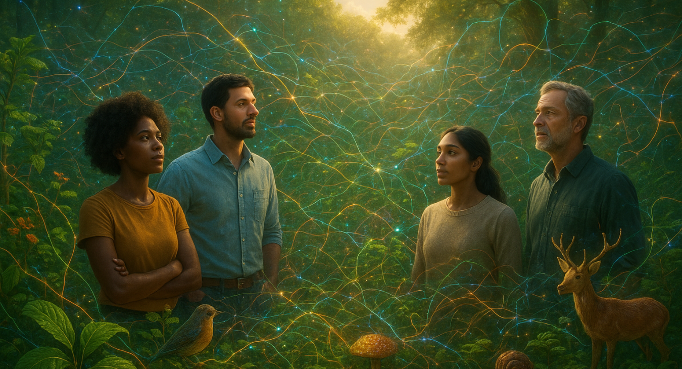 A diverse group of men and women observing a vibrant, interconnected ecosystem of plants and creatures, with illuminated networks representing Earth's biochemical and physical processes.