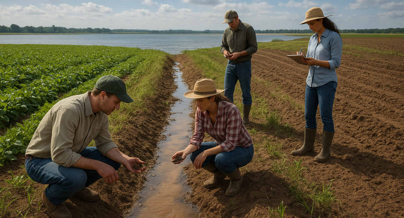 A photorealistic landscape of agricultural fields near a body of water, where men and women farmers inspect soil run-off indicating nitrate contamination in groundwater.