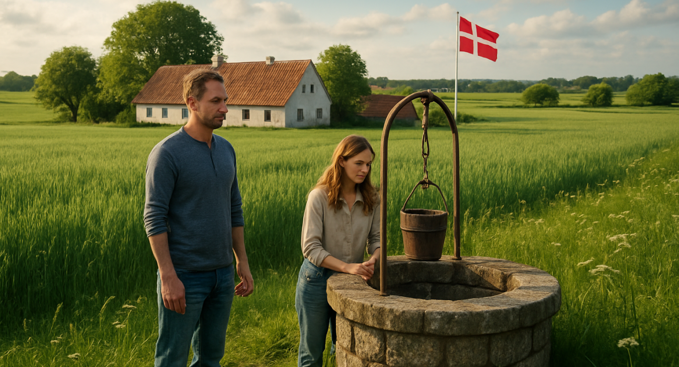 A man and woman stand near an ancient well in a verdant rural Danish landscape, symbolizing the critical role of groundwater as the primary drinking water source.