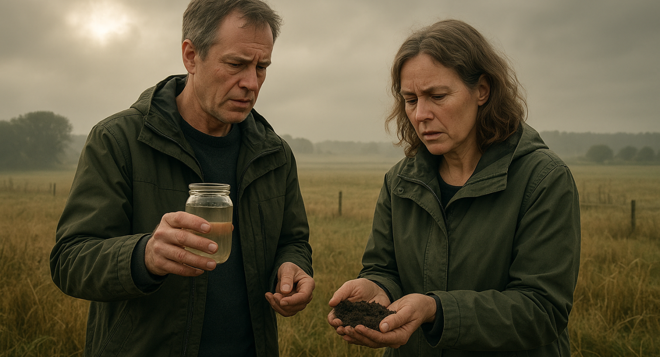 A concerned middle-aged man and woman stand in a misty Danish field, examining soil or water samples. They discuss groundwater nitrate contamination in a photorealistic landscape under dramatic light.
