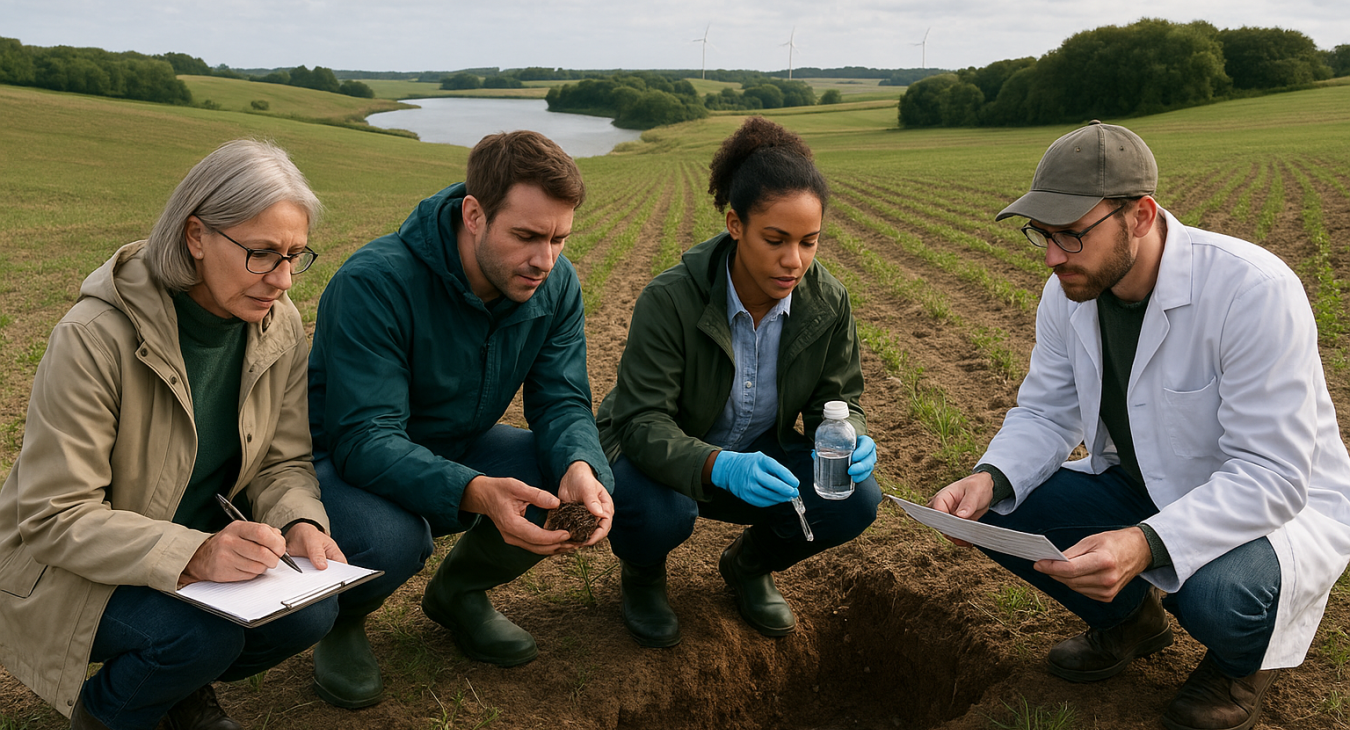 Diverse team of environmental scientists studying soil runoff and groundwater in a cultivated Danish landscape, focusing on nitrate pollution threat to underground water reserves.