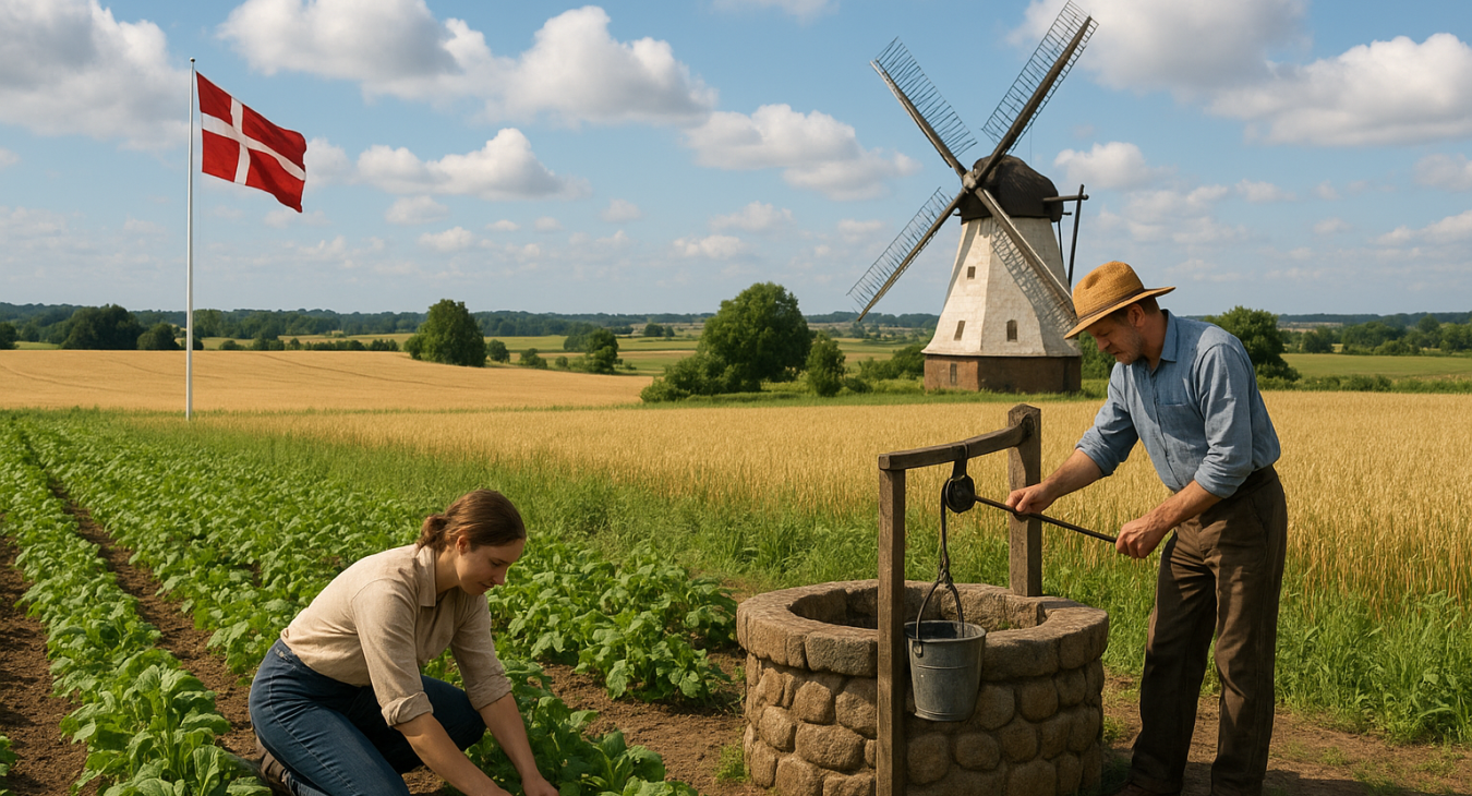 Photorealistic Danish countryside landscape with people tending crops and drawing water from a well, highlighting groundwater's role in agriculture.