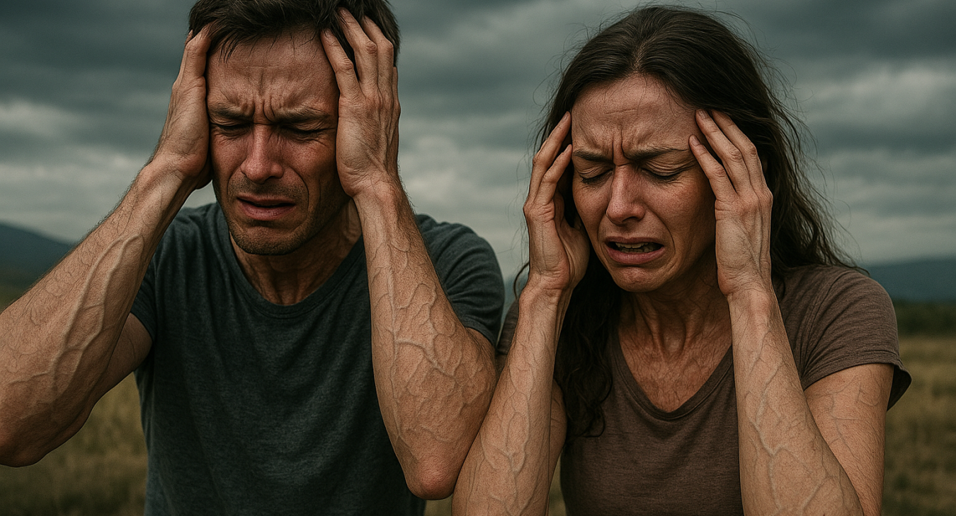 Photorealistic image of a man and a woman experiencing profound psychological stress, with strained veins and heightened bodily tension visibly portrayed.