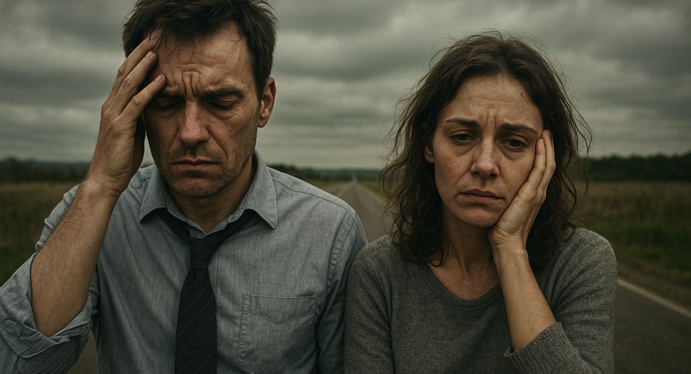 A photorealistic landscape shot of a man and woman in their late 30s, their faces etched with exhaustion from chronic stress and overwhelming routine pressures.
