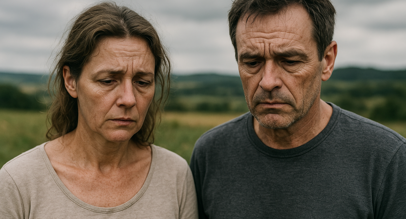 A photorealistic landscape photograph of a middle-aged man and woman showing premature fatigue and strain, representing how chronic stress accelerates biological aging.