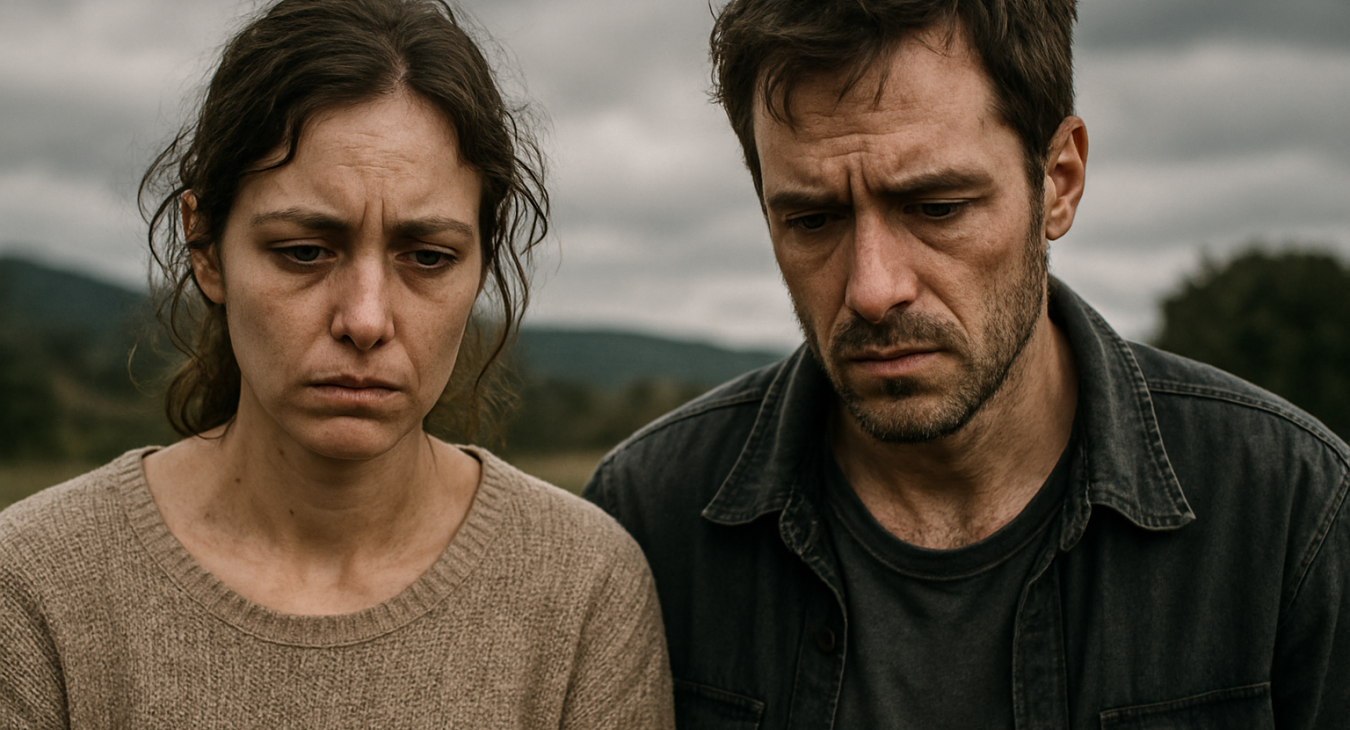 A man and woman with exhausted expressions, their faces etched with chronic stress, navigating a landscape under constant social threat.