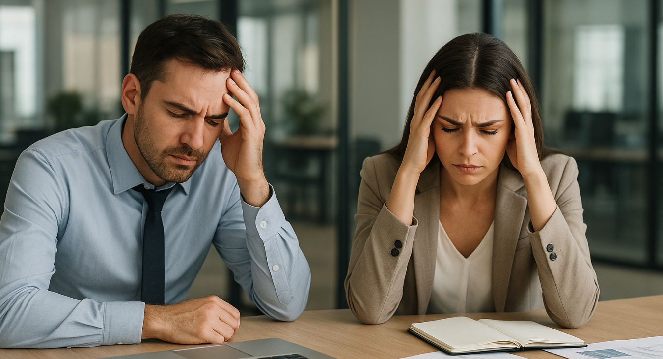Photorealistic scene of a stressed man and woman in a modern tense setting, symbolizing psychological strain from overwhelming demands.