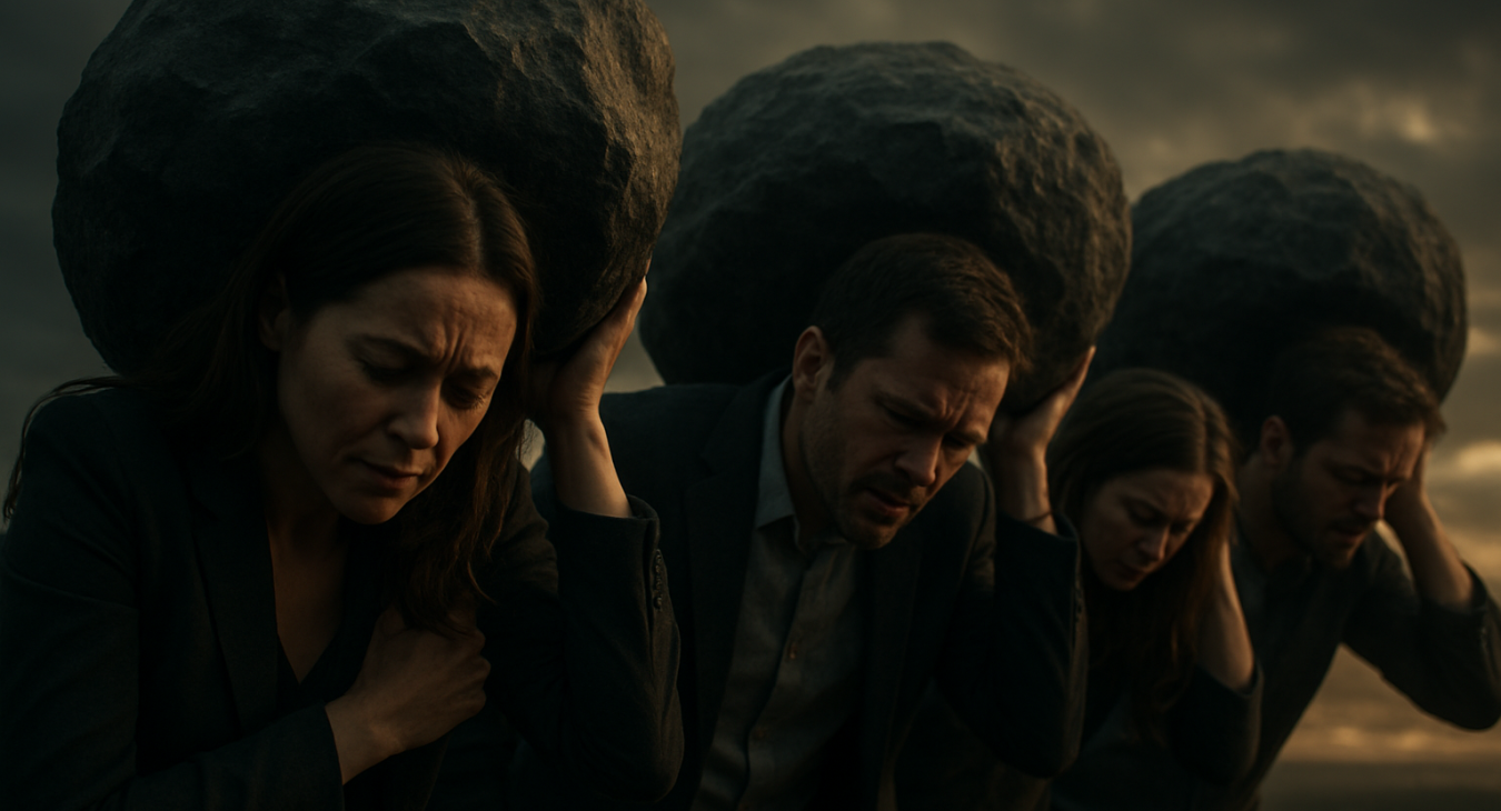 Photorealistic landscape of men and women struggling under overwhelming responsibilities, with dramatic cinematic lighting, symbolizing modern stress.