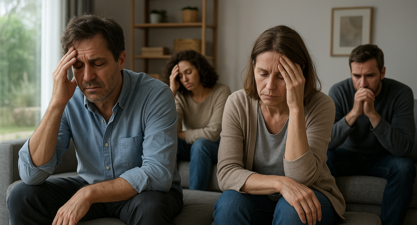 Photorealistic landscape of a modern living space with exhausted, tense men and women, representing the cumulative toll of years of chronic stress.
