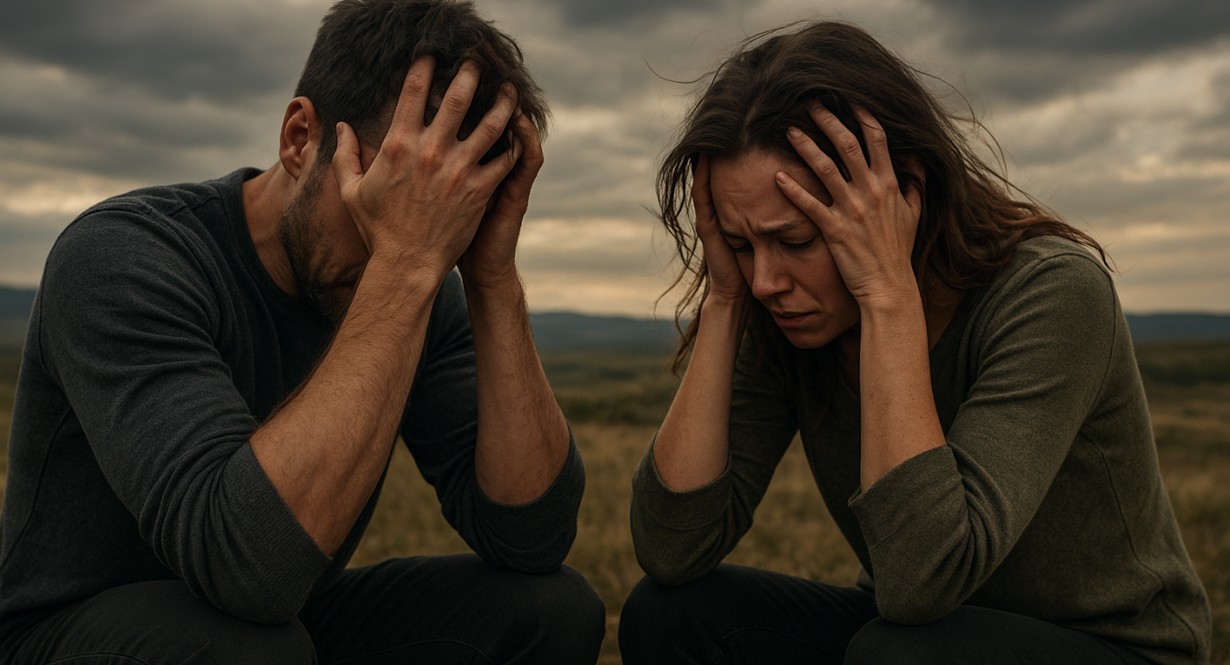 Photorealistic landscape of a man and a woman, their postures showing the weight of invisible psychological burdens as mental stress overwhelms their coping mechanisms.