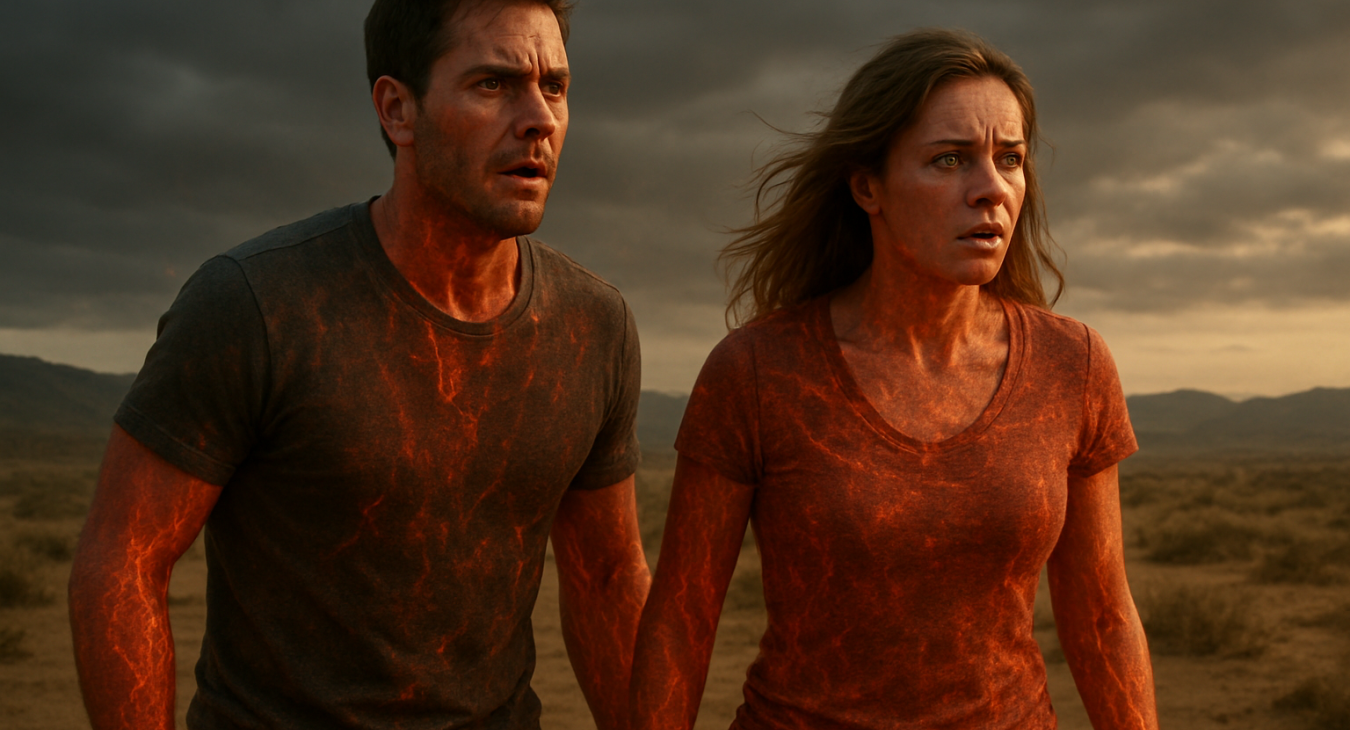 A photorealistic landscape of a man and a woman tense and facing an unseen threat, with subtle visual cues of sympathetic nervous system activation.